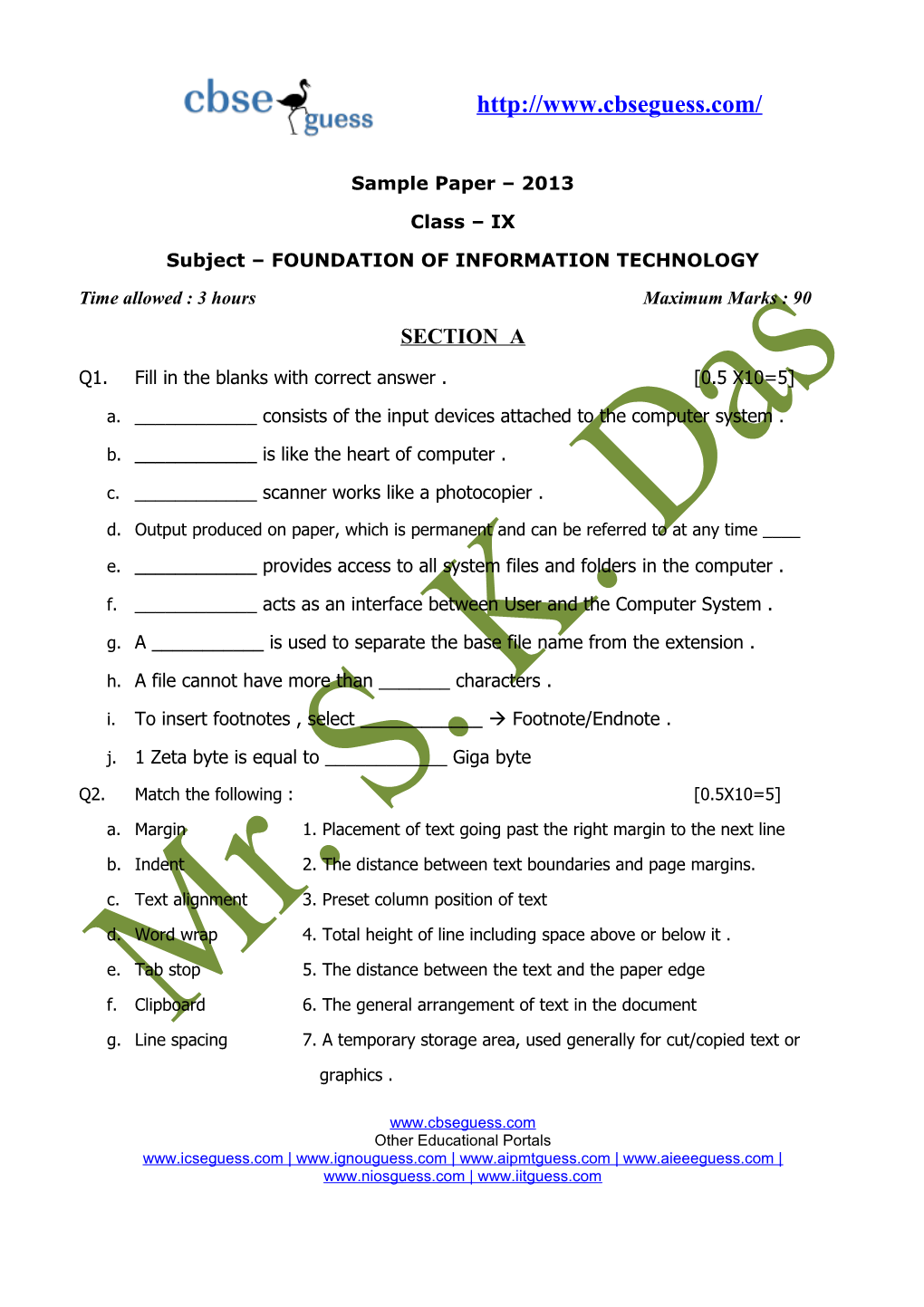 Sample Paper 2013 Class IX Subject FOUNDATION of INFORMATION TECHNOLOGY