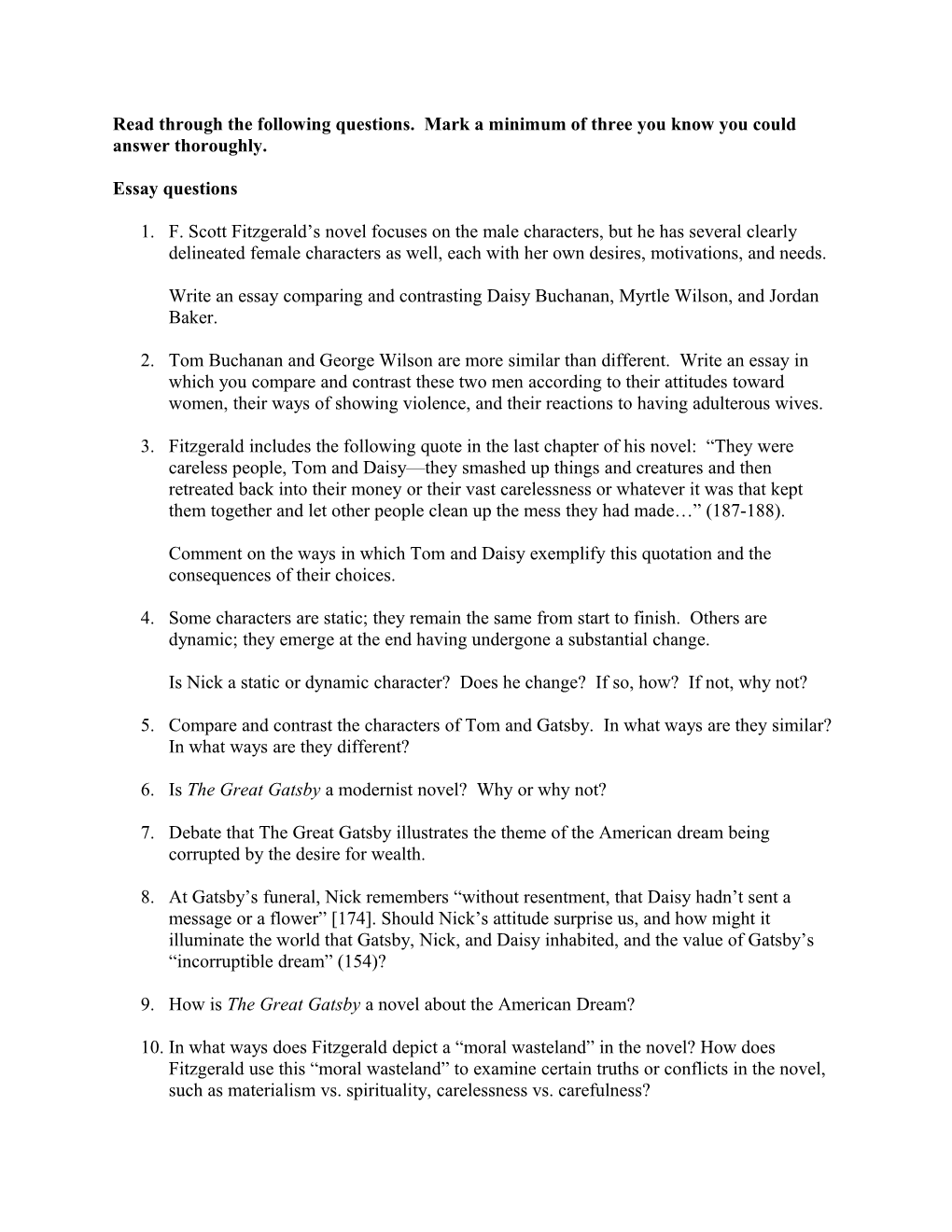 Read Through the Following Questions. Mark a Minimum of Three You Know You Could Answer