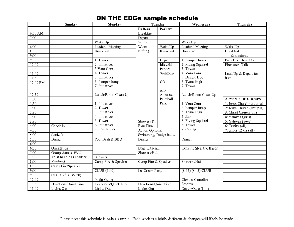 ON the Edge Sample Schedule