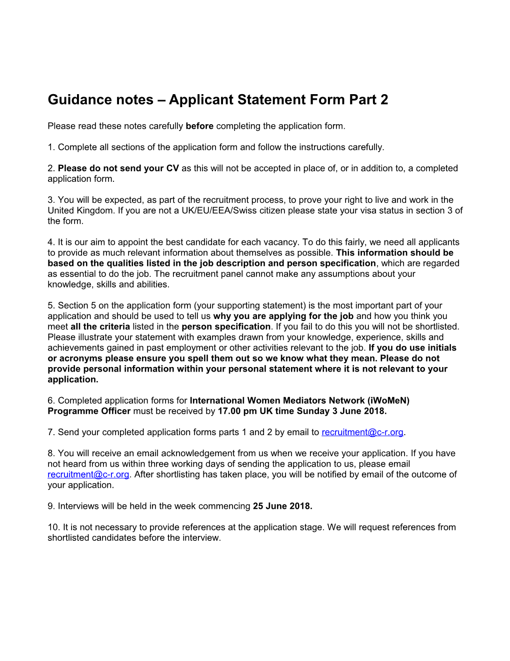 Guidance Notes Applicant Statement Form Part 2