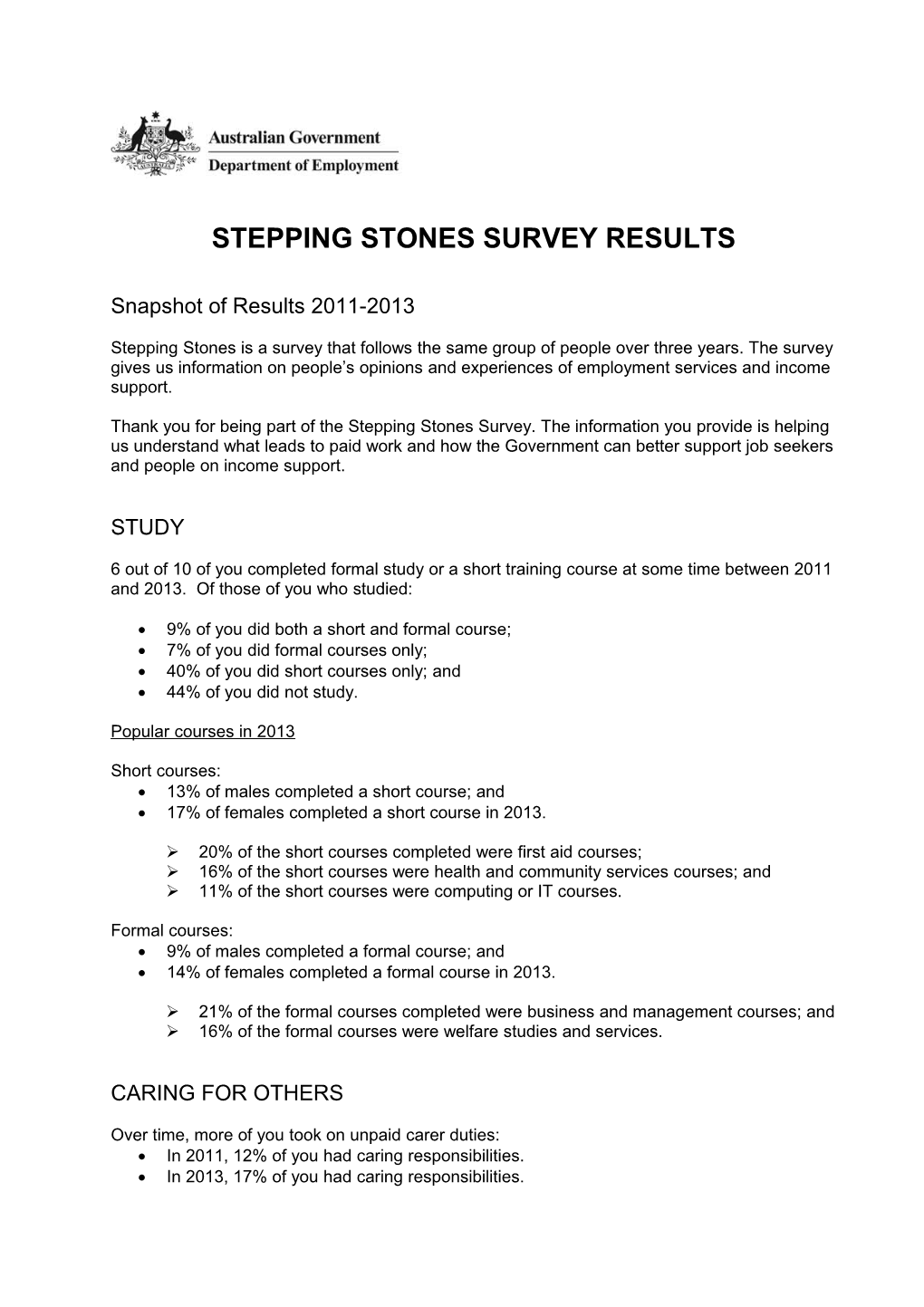 Stepping Stones Survey Results