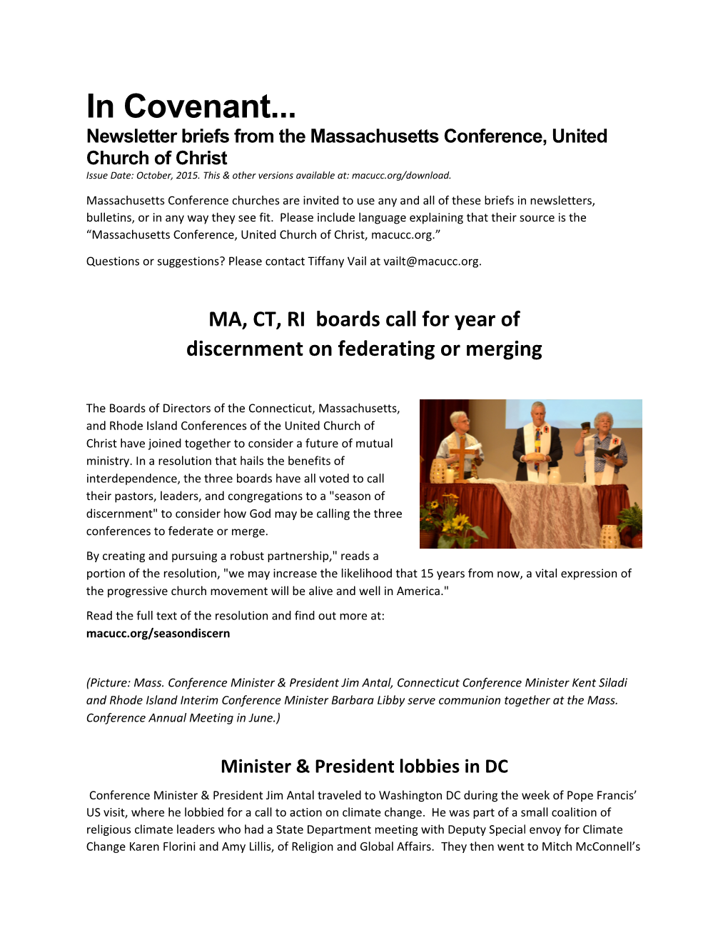 Newsletter Briefs from the Massachusetts Conference, United Church of Christ