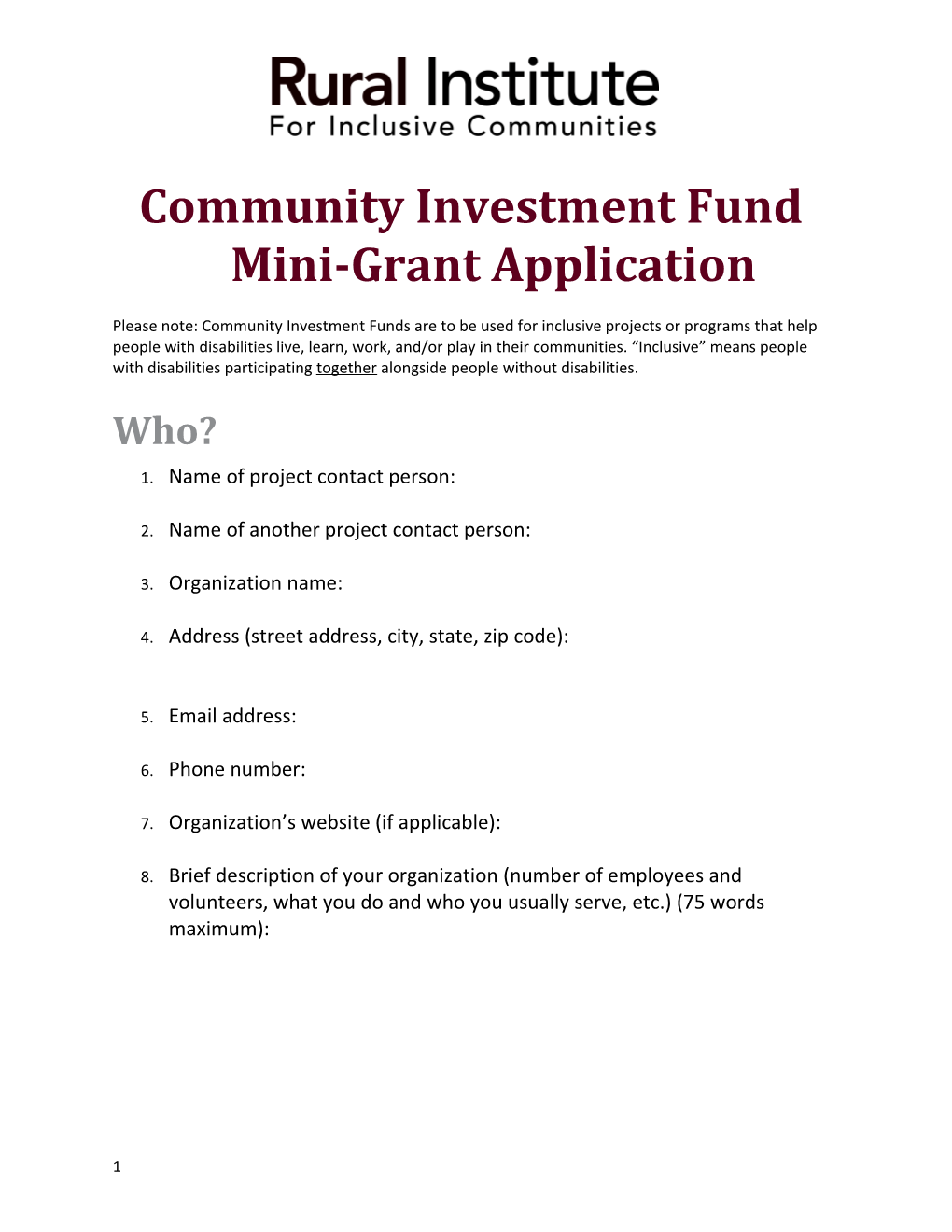 Community Investment Fund Mini-Grant Application