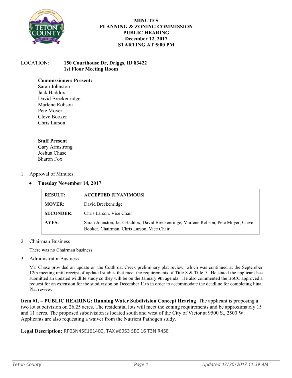 Planning & Zoning Commission - Public Hearing - Dec 12, 2017 5:00 PM