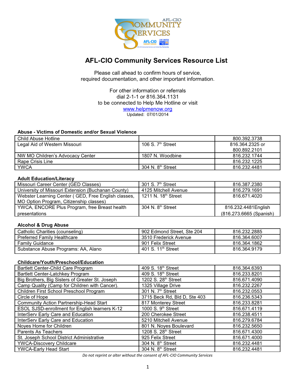 AFL-CIO Community Services Resource List