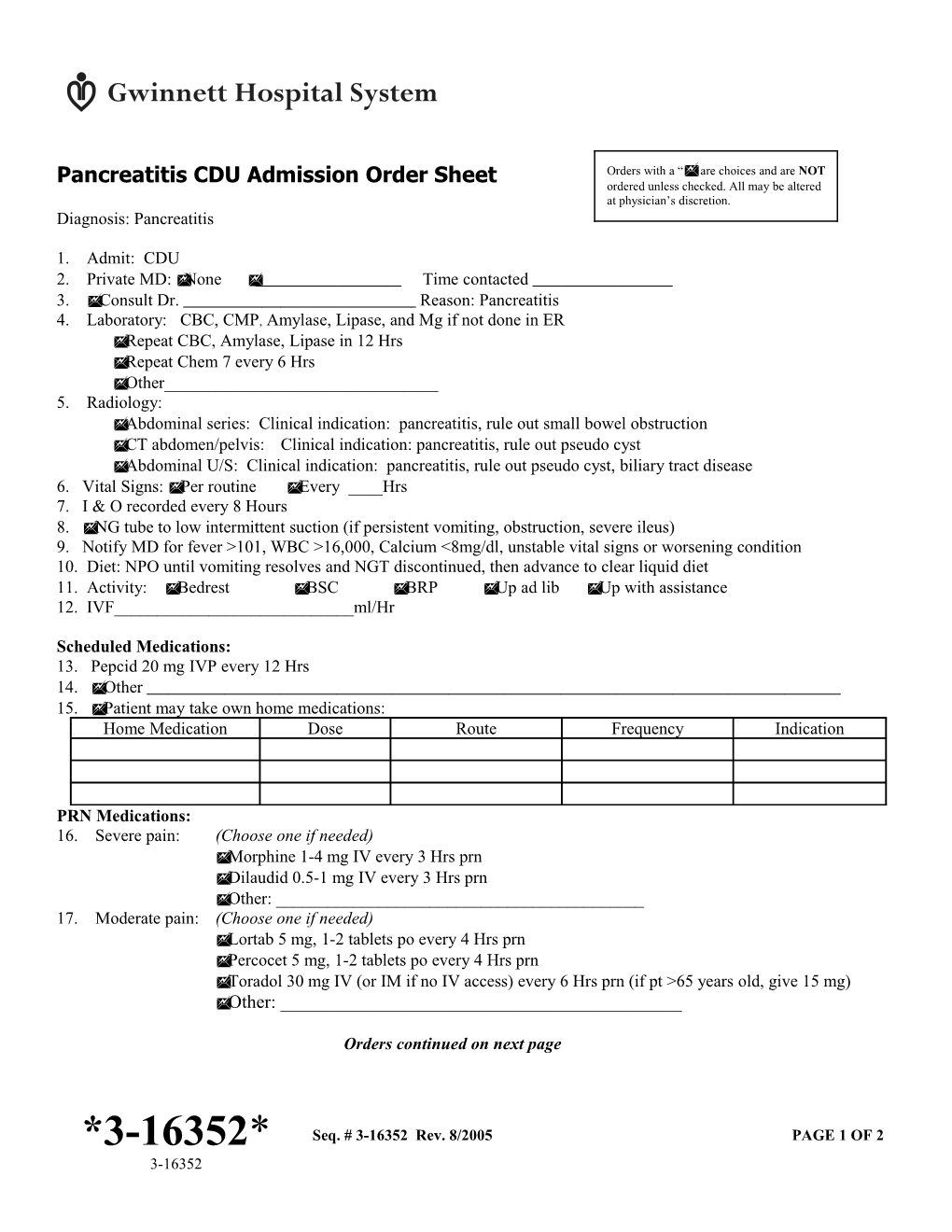 Pancreatitis CDU Admission Order Sheet