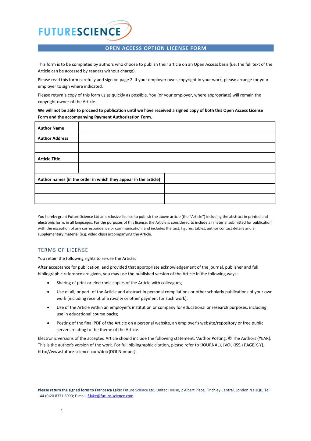 Open Access Option License Form