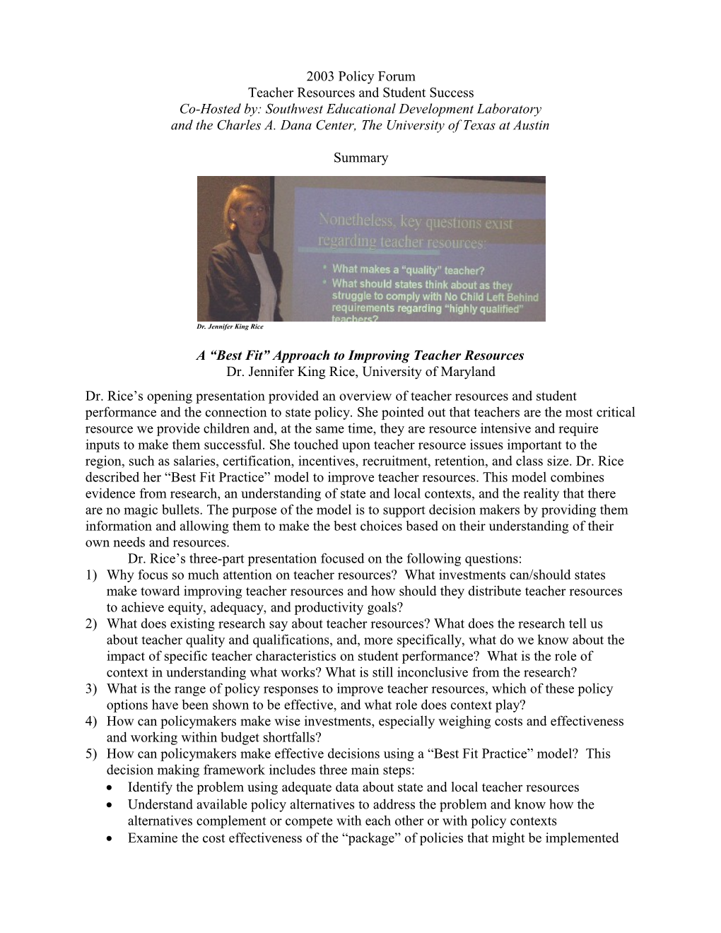 2003 Policy Forum Summary Page 4