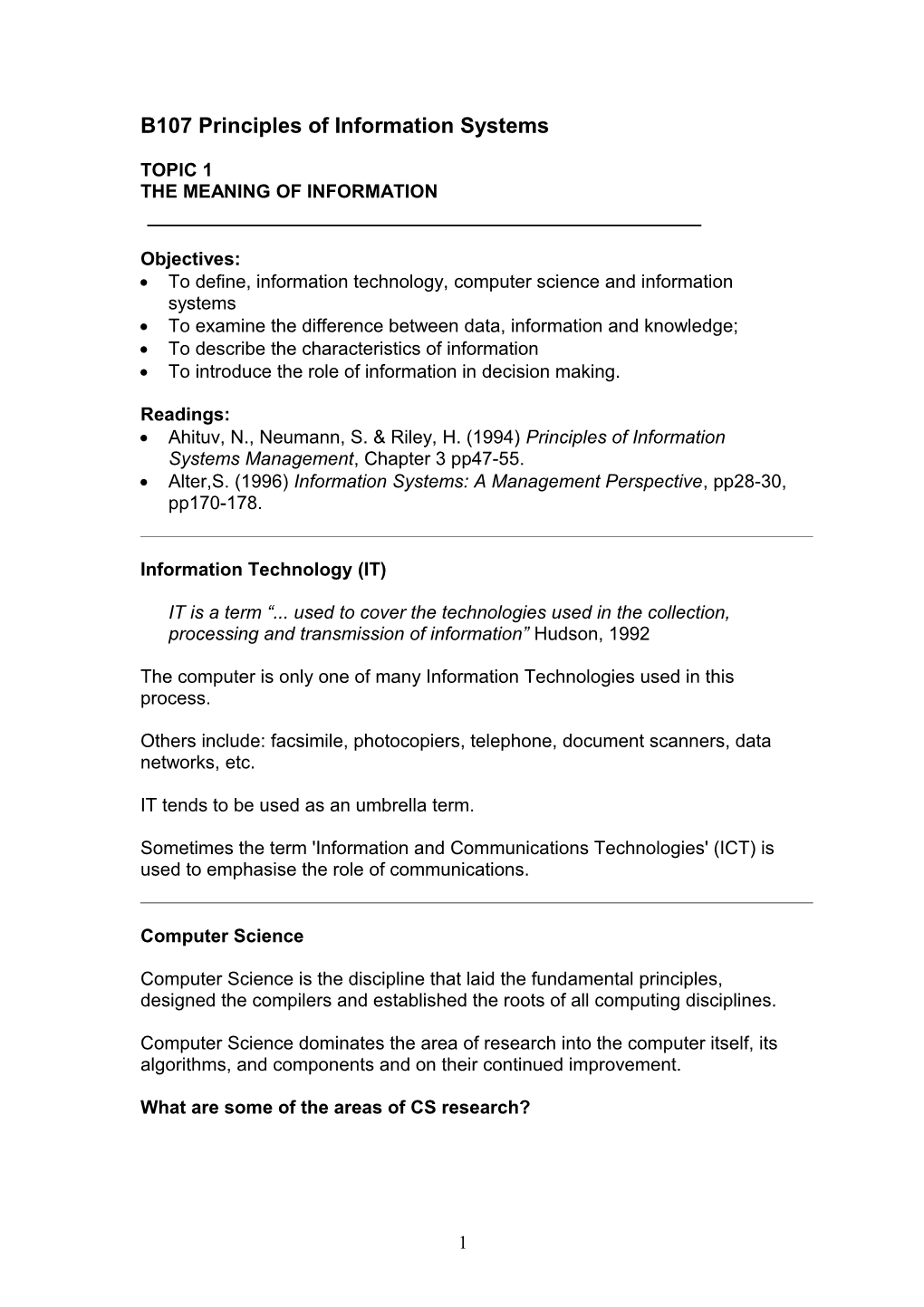 B107 Principles of Information Systems Semester 2, 1999