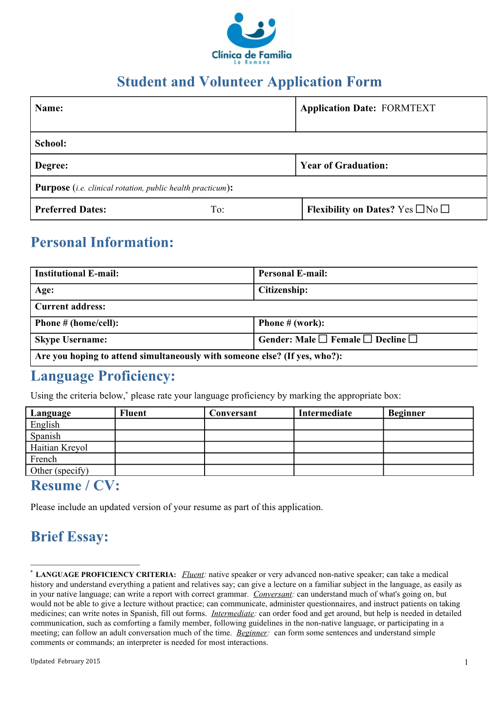 Student and Volunteerapplication Form