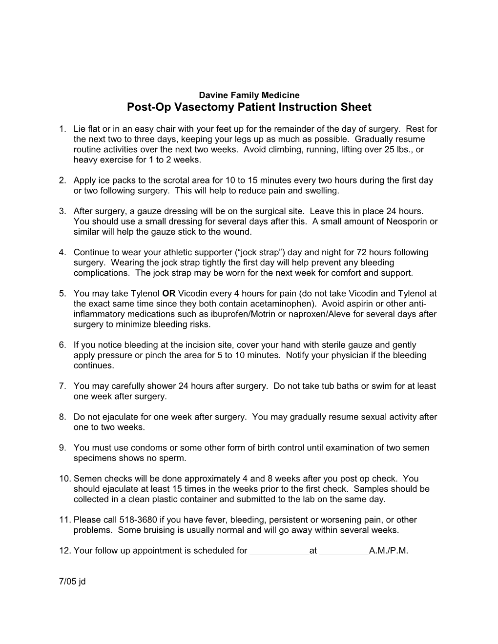 Post-Op Vasectomy Patient Instruction Sheet