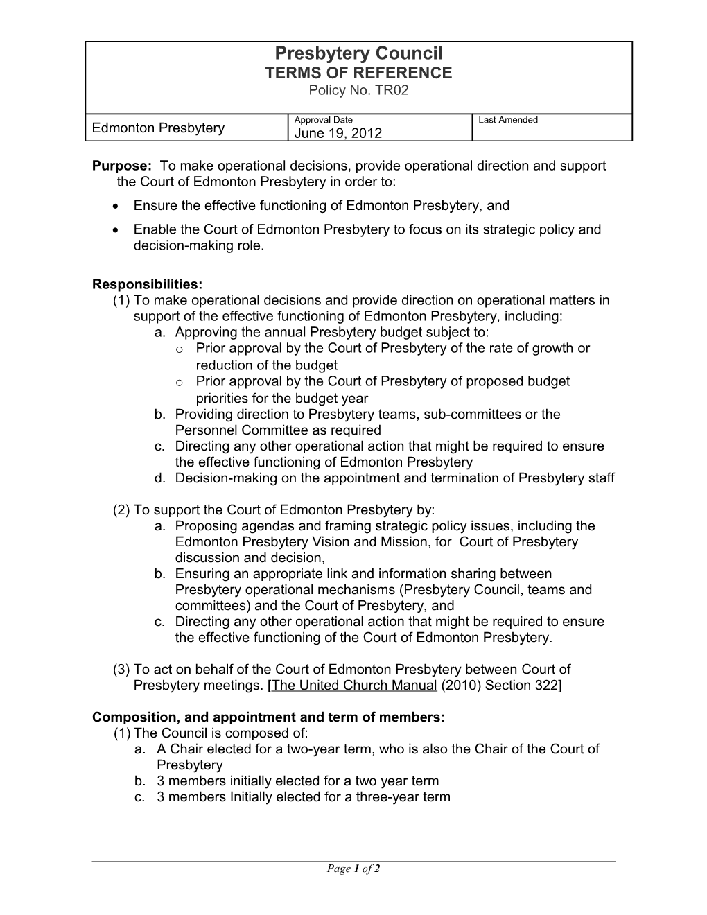 Terms of Reference TR02 Presbytery Council
