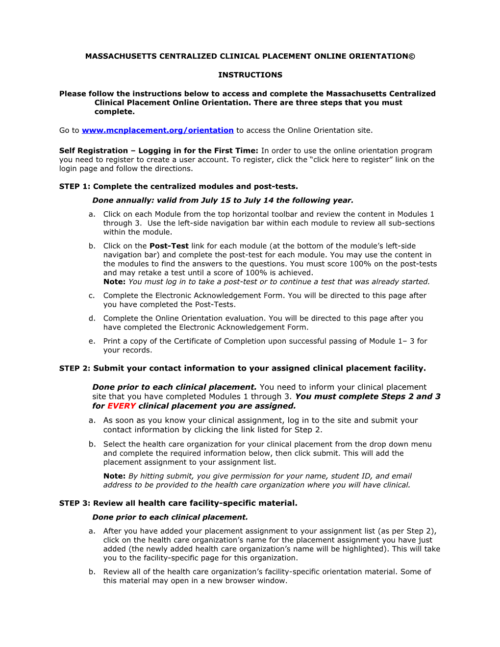 Massachusetts Centralized Clinical Placement Online Orientation