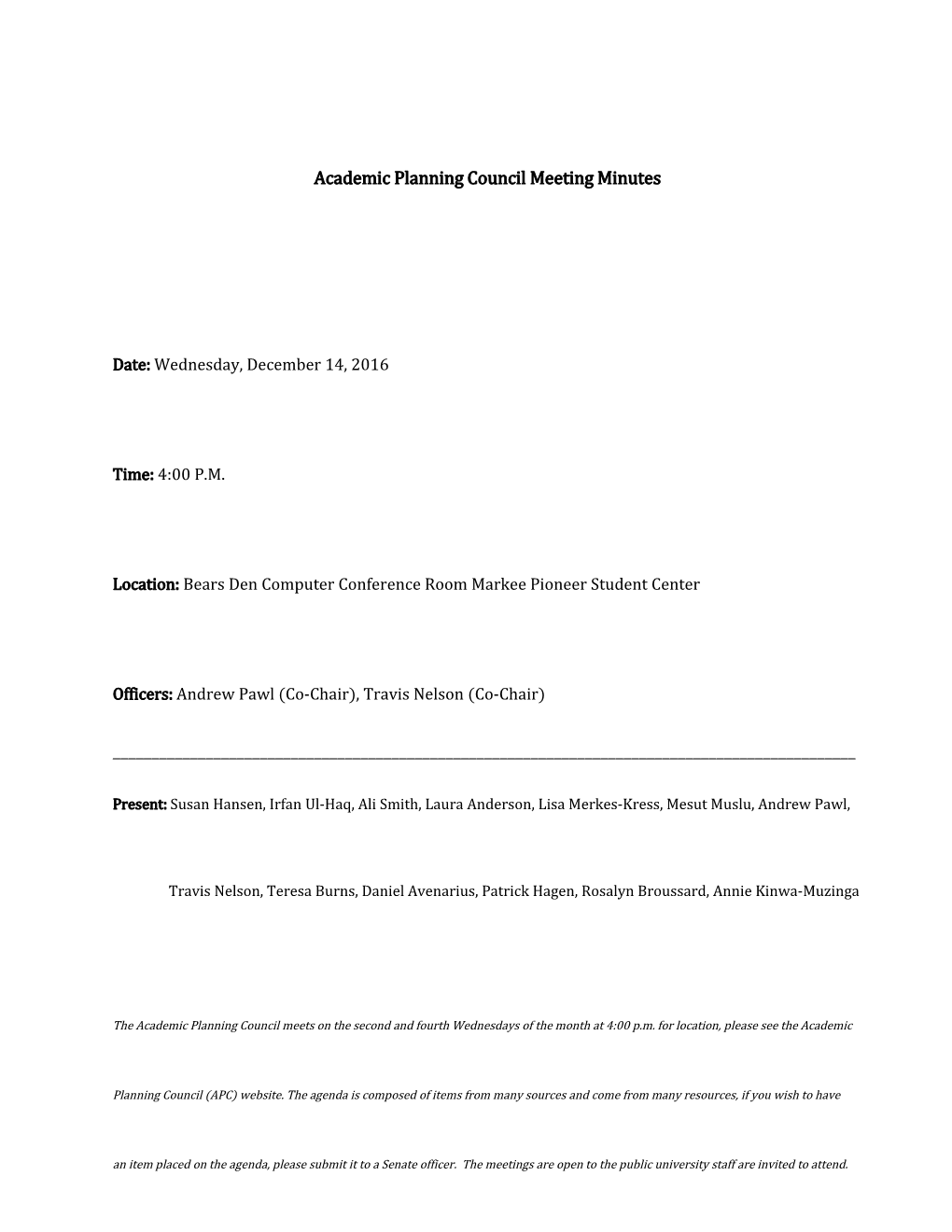 Academic Planning Council Meeting Minutes