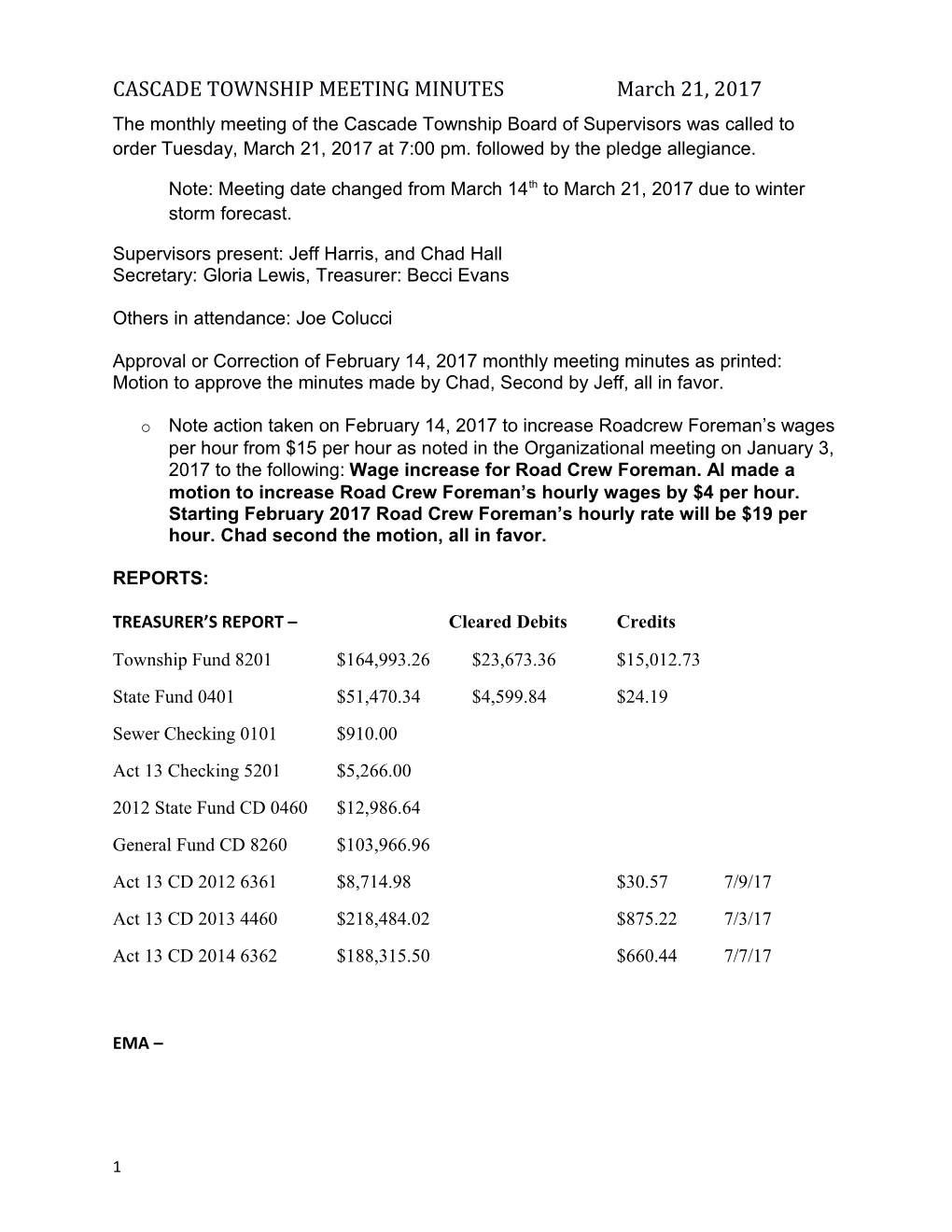 CASCADE TOWNSHIP MEETING MINUTES March 21, 2017