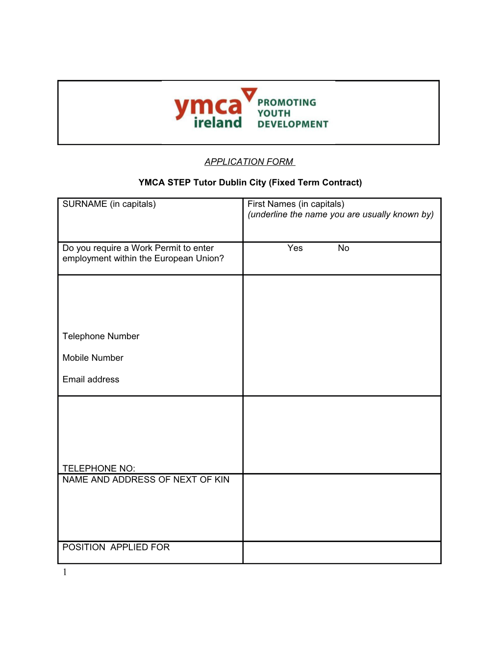 YMCA STEP Tutor Dublin City (Fixed Term Contract)
