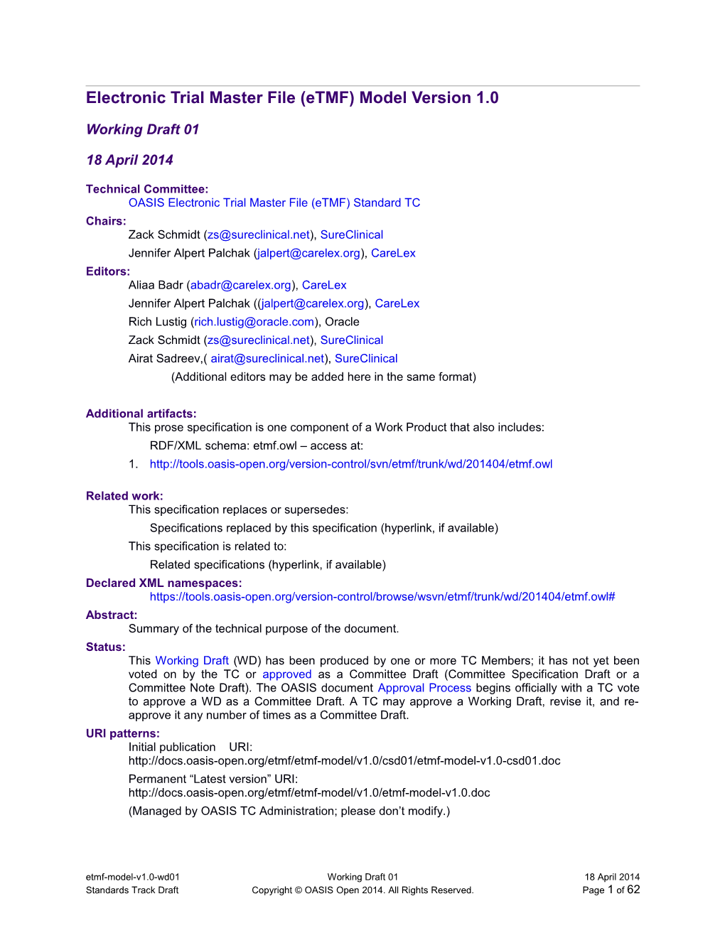 Electronic Trial Master File (Etmf) Model Version 1.0