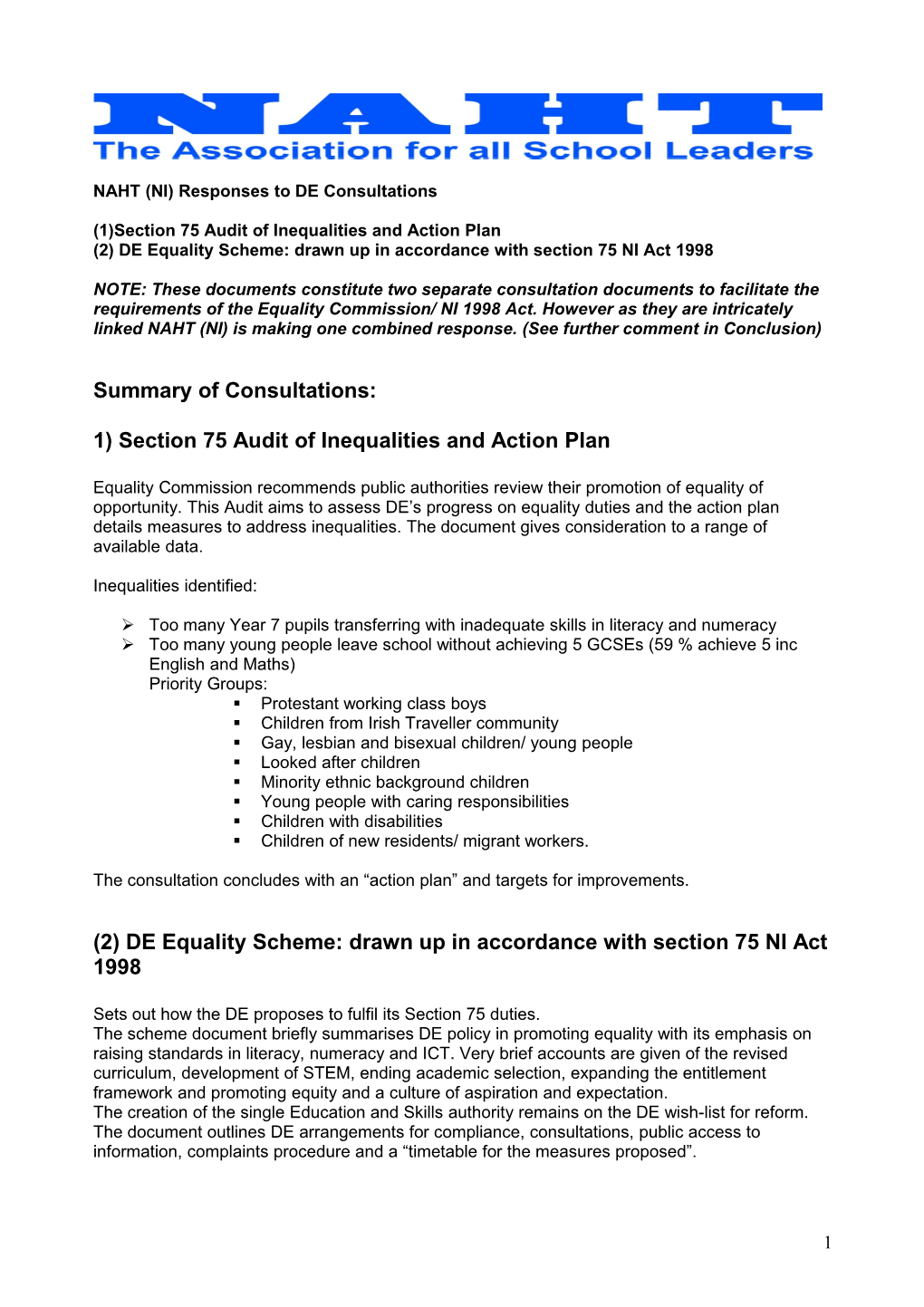 NAHT(NI) Response to DE Consultation