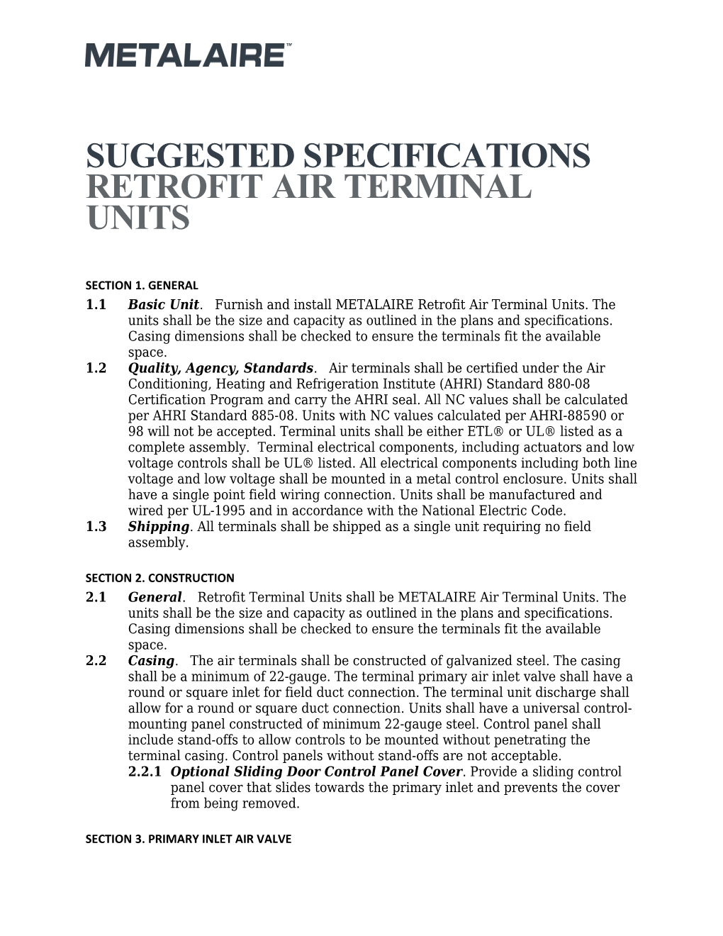 Suggested Specifications Retrofit Air Terminal Units