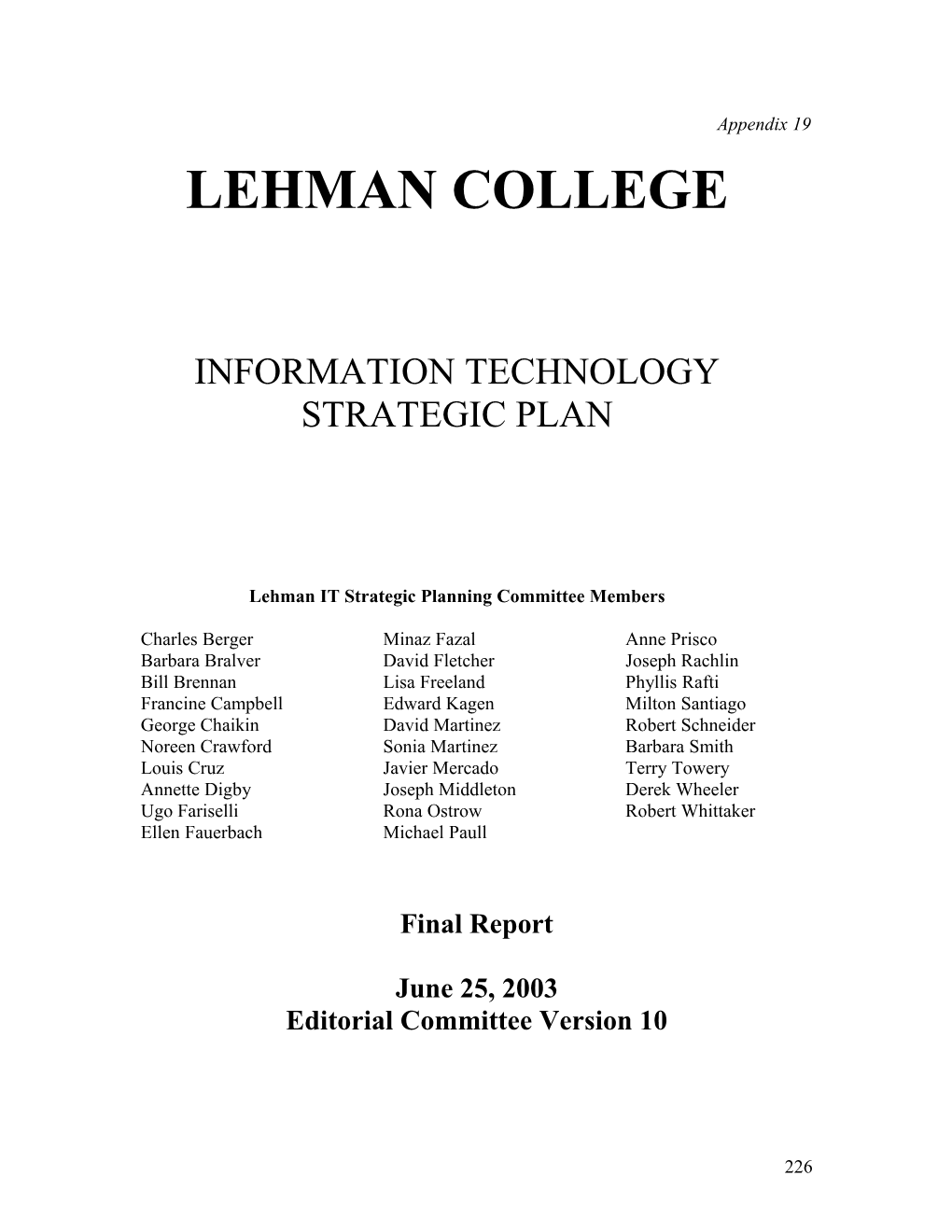 Lehman IT Strategic Planning Committee Members