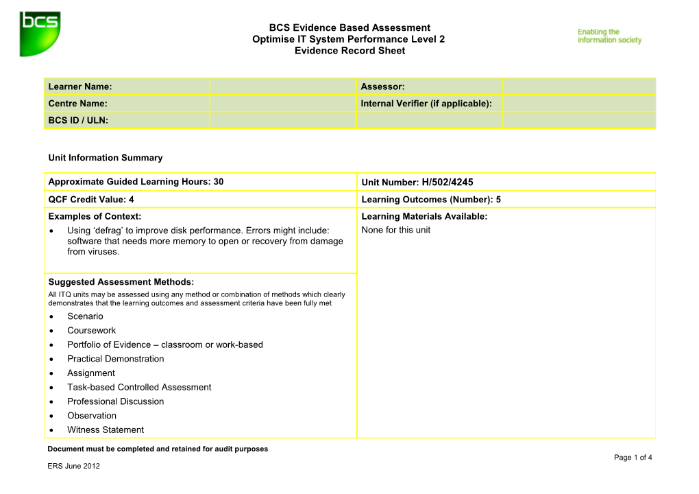 BCS Evidence Based Assessment