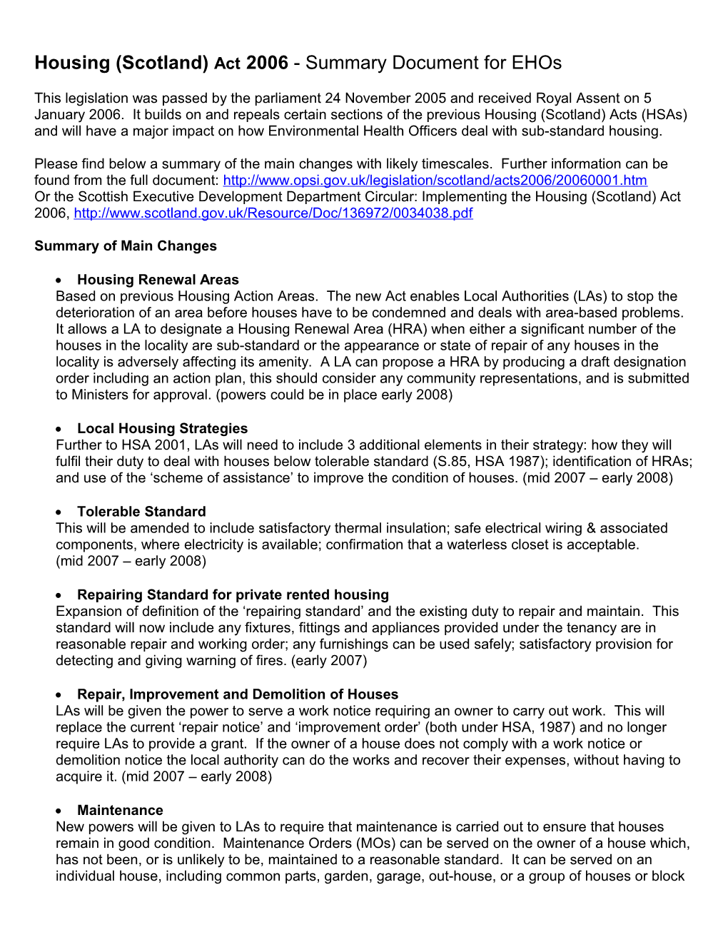 Housing (Scotland) Act 2006 - Summary Document for Ehos