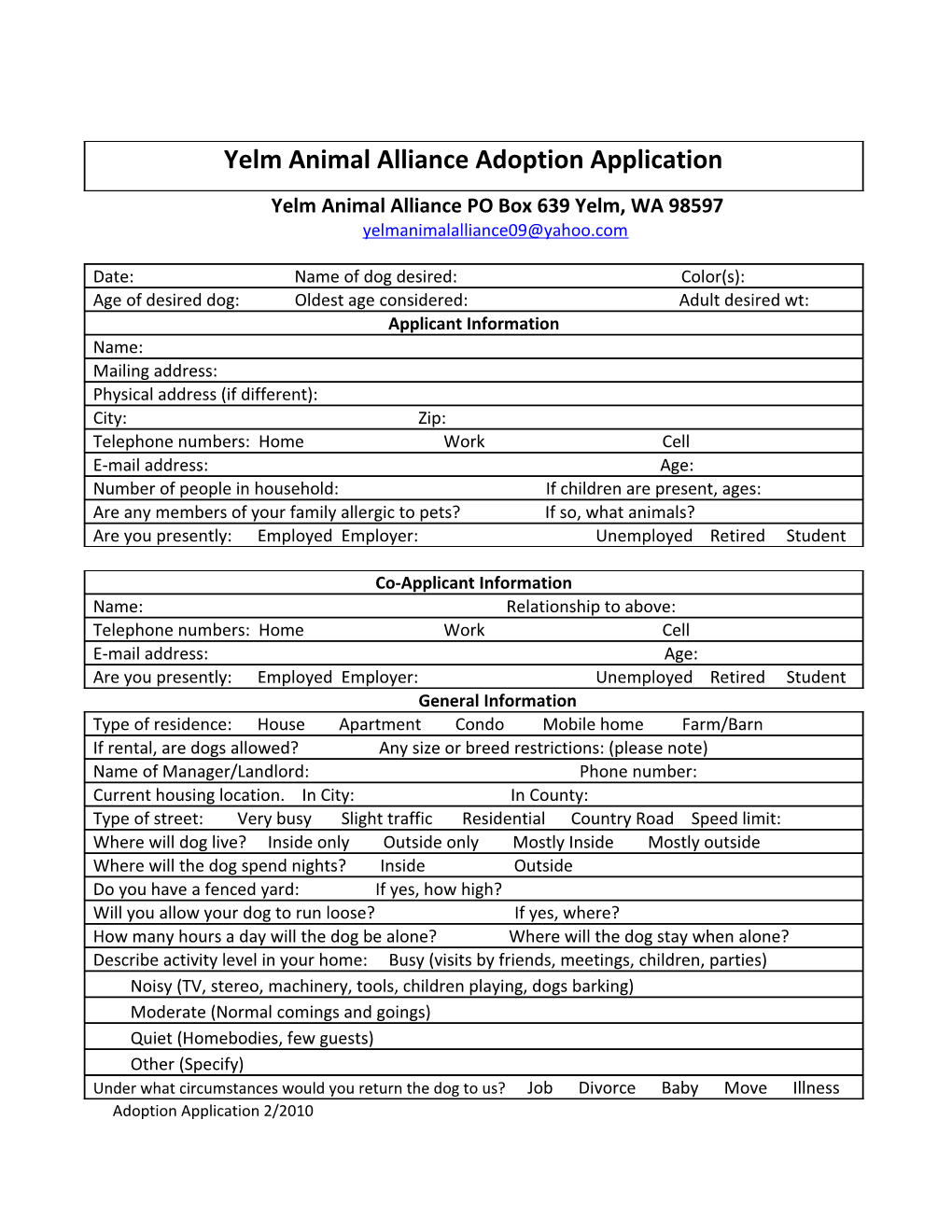 Yelm Animal Alliance PO Box 639 Yelm, WA 98597