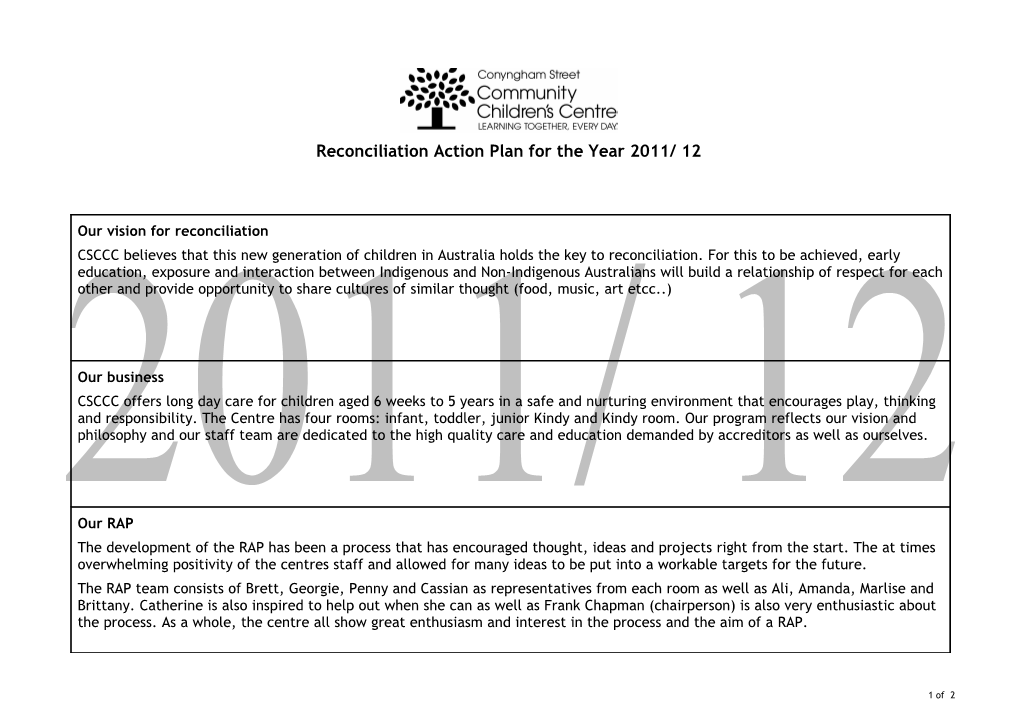Reconciliation Action Plan for the Year 2011/ 12