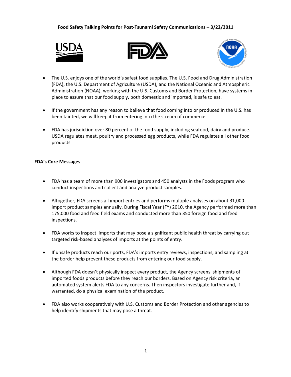 Food Safety Talking Points for Post-Tsunami Safety Communications 3/22/2011