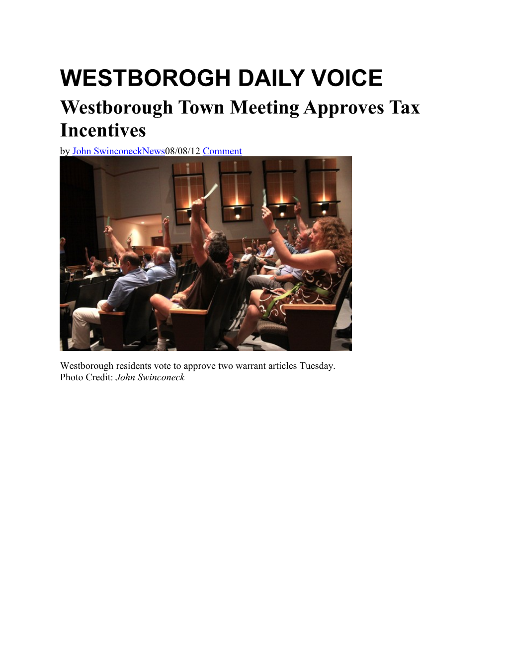 Westborough Town Meeting Approves Tax Incentives