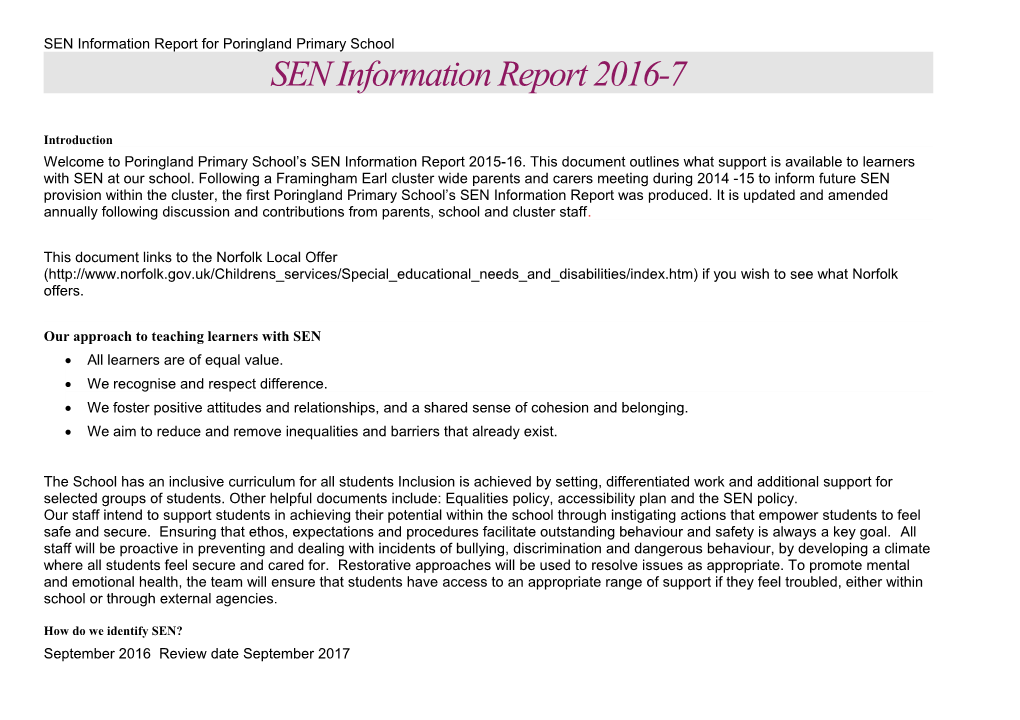 SEN Information Report for Poringland Primary School