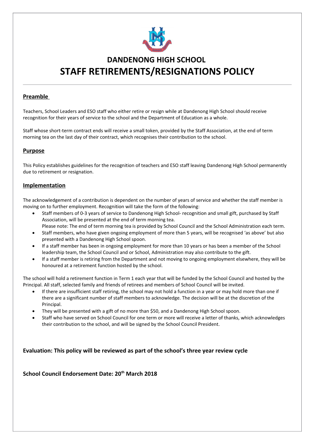 Staff Retirements/Resignations Policy