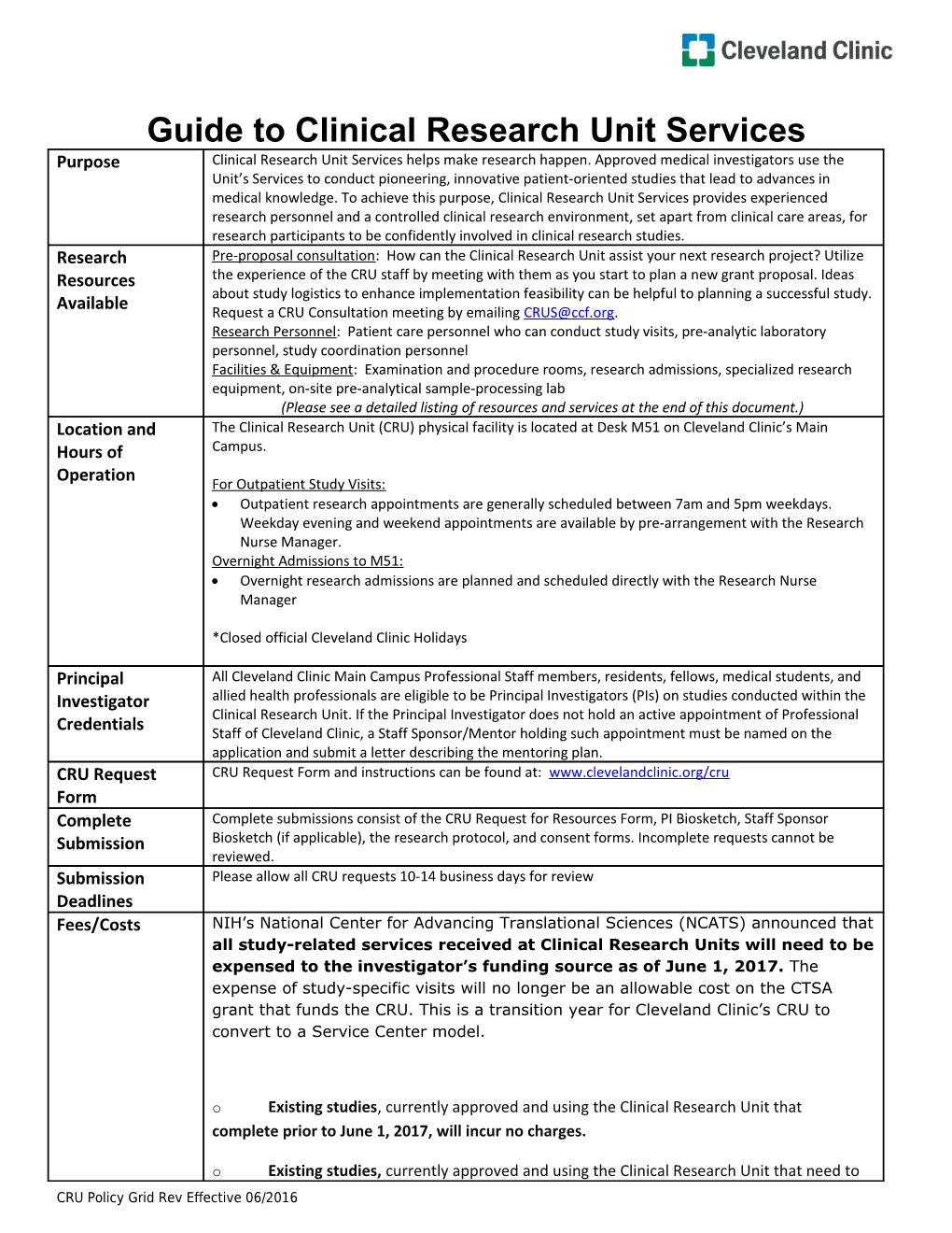 Guide to Clinical Research Unit Services