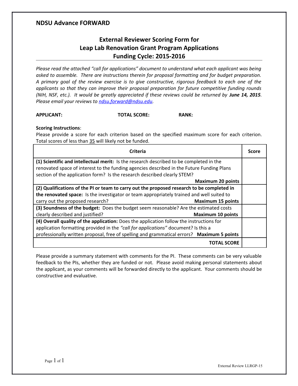 External Reviewer Scoring Form for Leap Lab Renovation Grant Program Applications