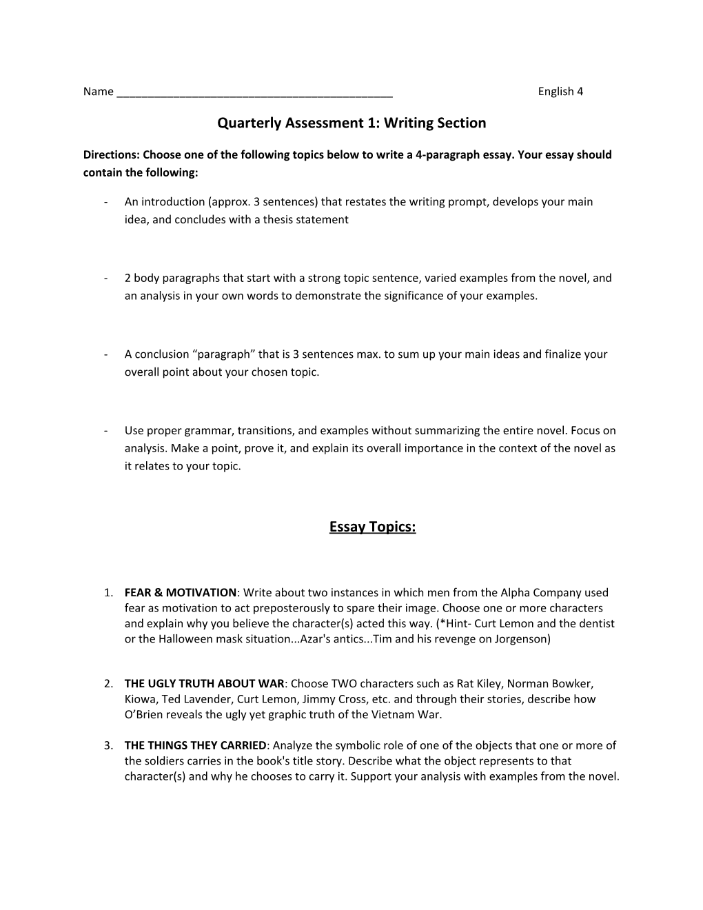 Quarterly Assessment 1: Writing Section