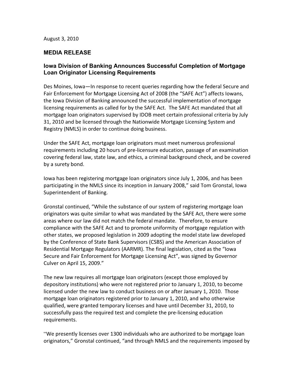 Iowa Division of Banking Announces Successful Completion of Mortgage Loan Originator Licensing
