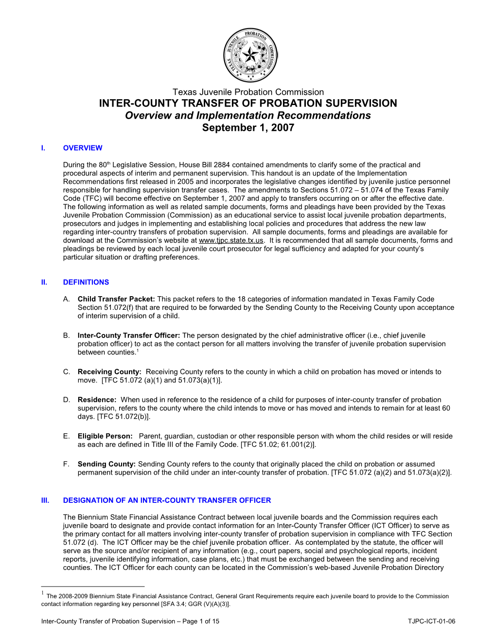 TJPC-ICT-01-06 Inter-County Transfer of Probation Supervision Overview and Implementation