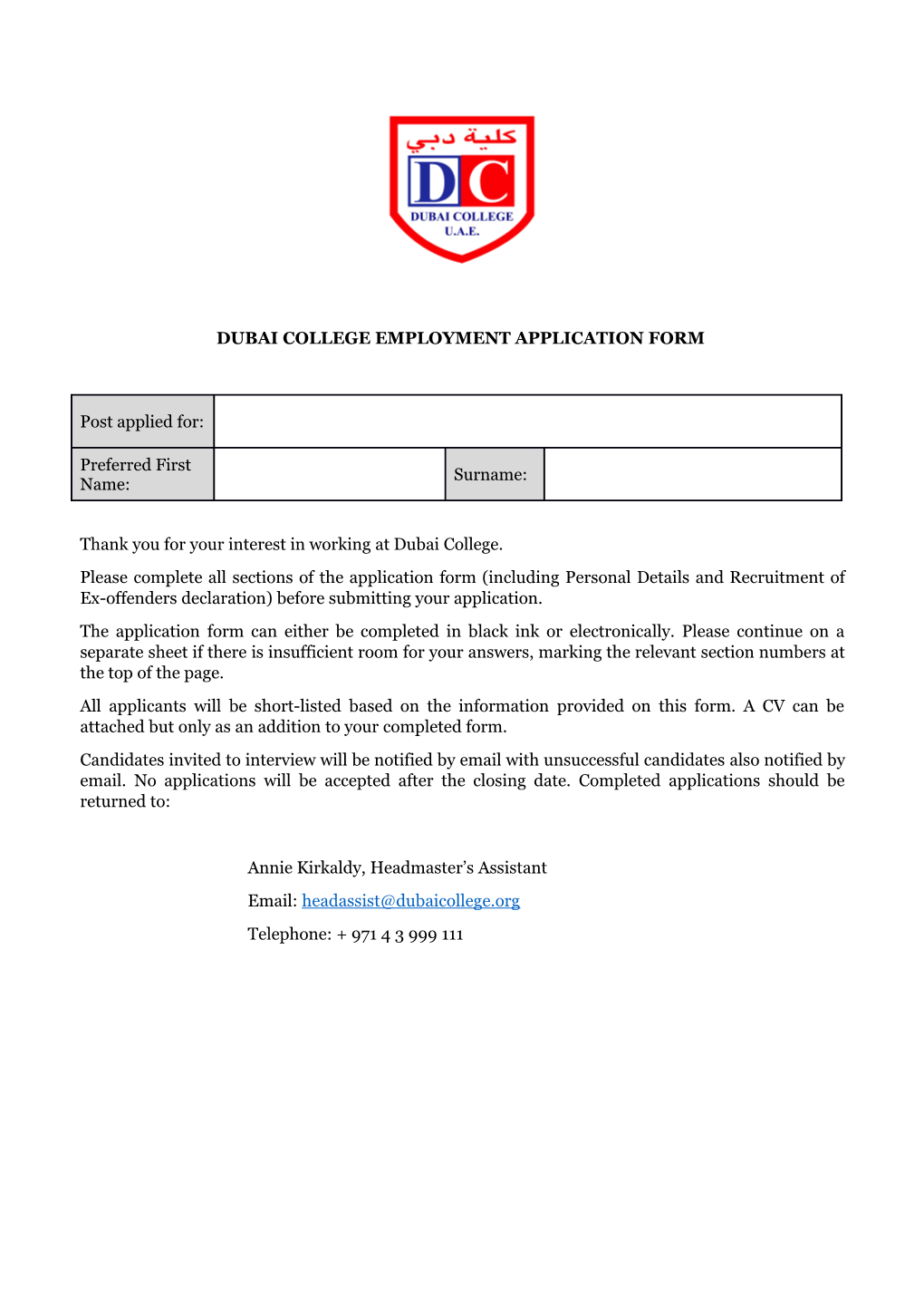 Dubai College Employment Application Form