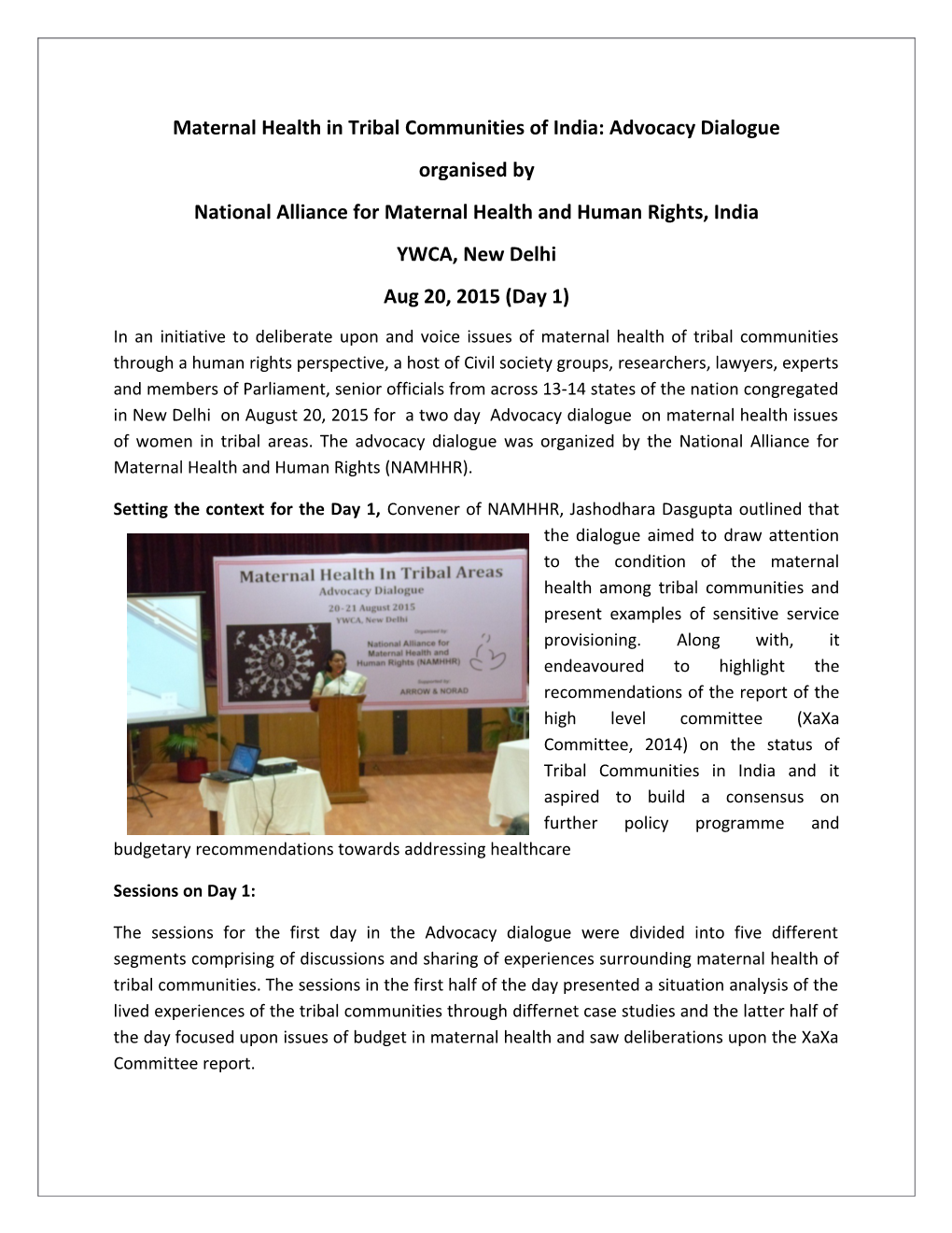 Maternal Health in Tribal Communities of India: Advocacy Dialogue