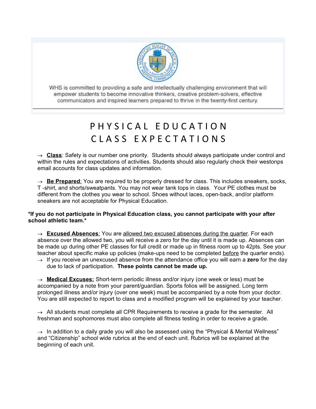 Weston High School Physical Education Class Expectations