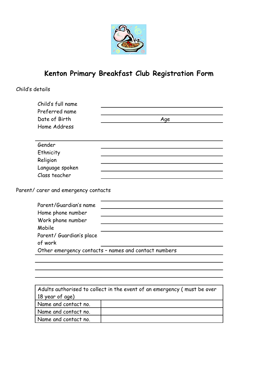 Cygnets Breakfast Club Registration Form