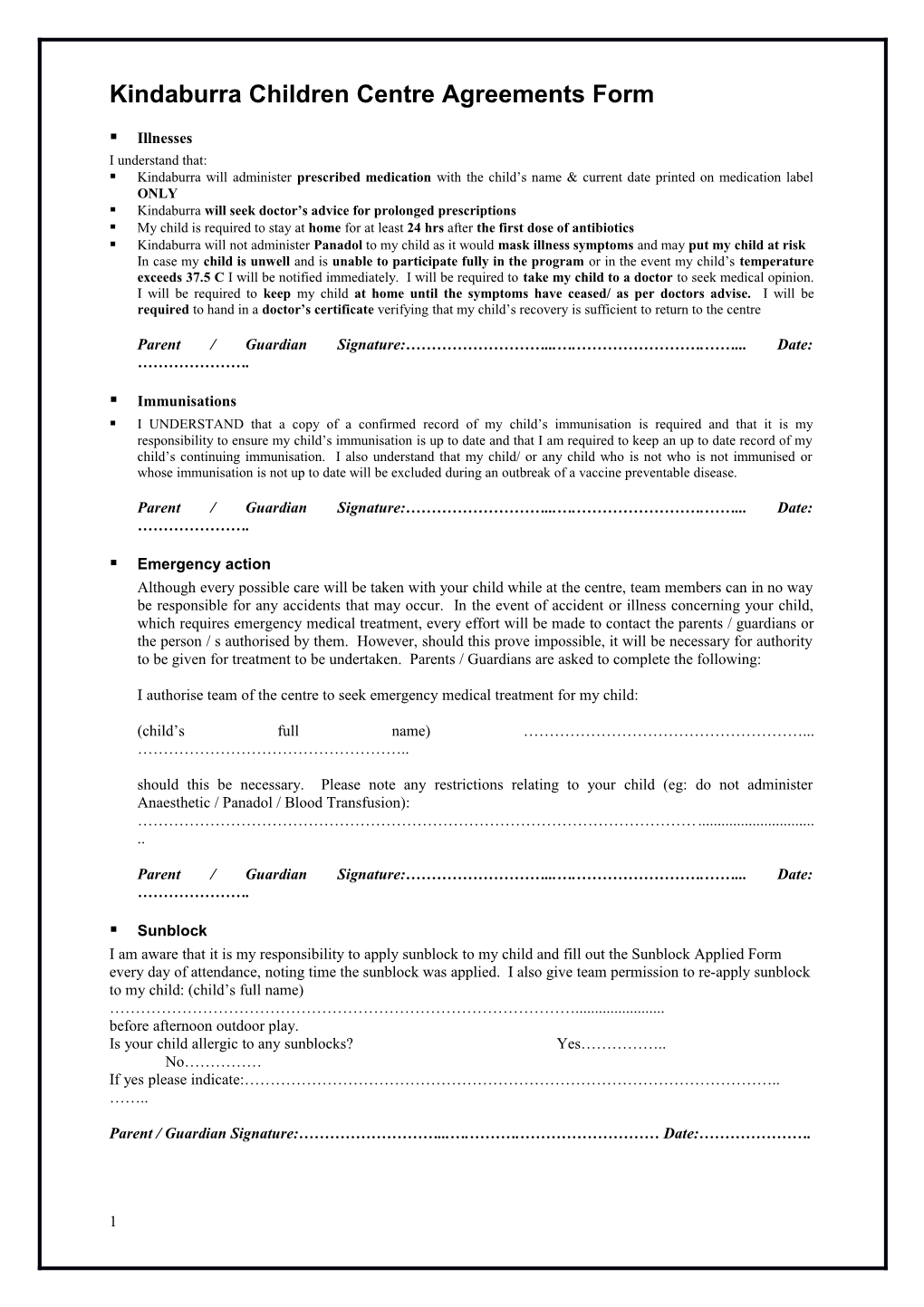 Kindaburra Children S Centre Agreements Form
