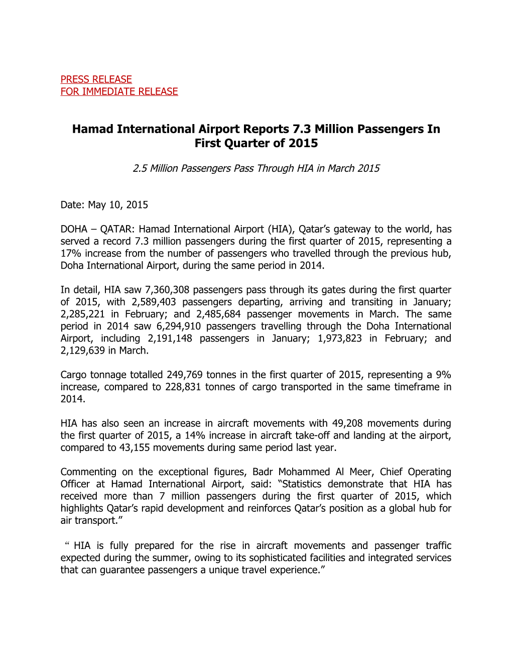 Hamad International Airport Reports 7.3 Million Passengers in First Quarter of 2015