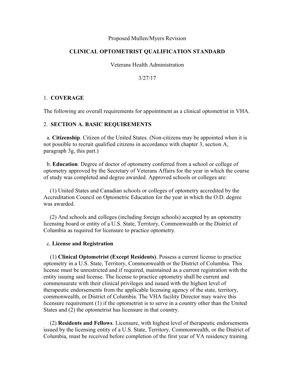Clinical Optometrist Qualification Standard