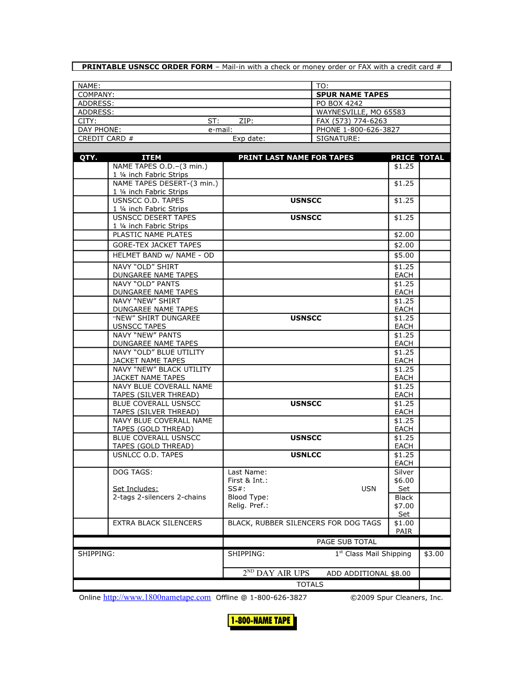 PRINTABLE ARMY ORDER FORM Mail-In with a Check Or Money Order Or FAX with a Credit Card