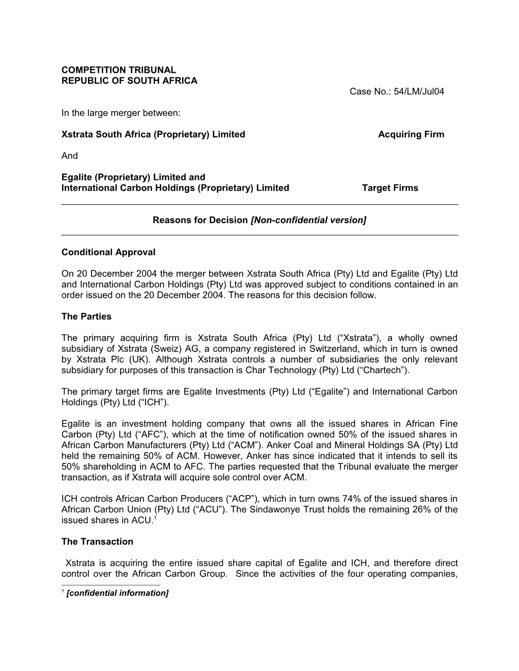 Xstrata South Africa (Proprietary) Limited Acquiring Firm