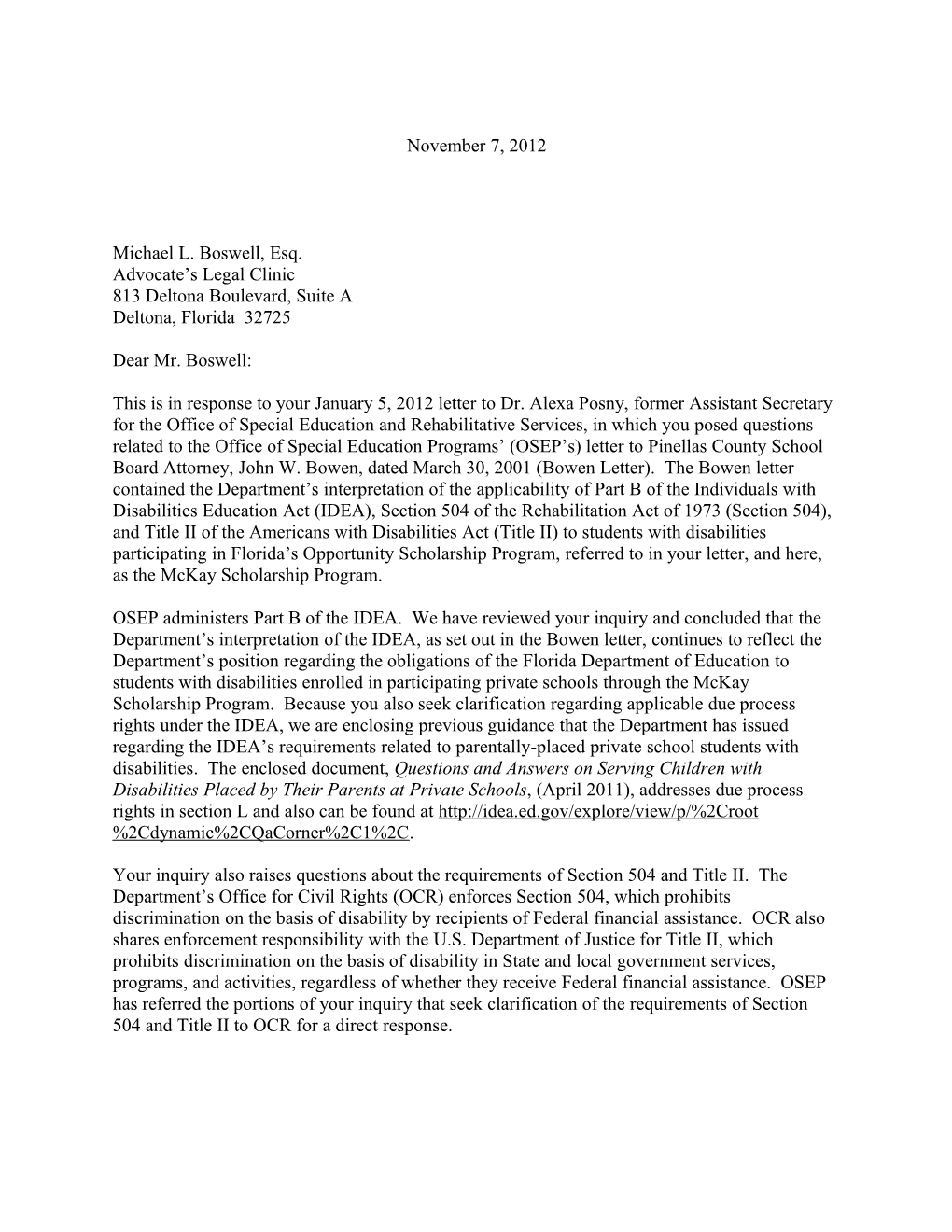 Policy Letter to Michael L. Boswell