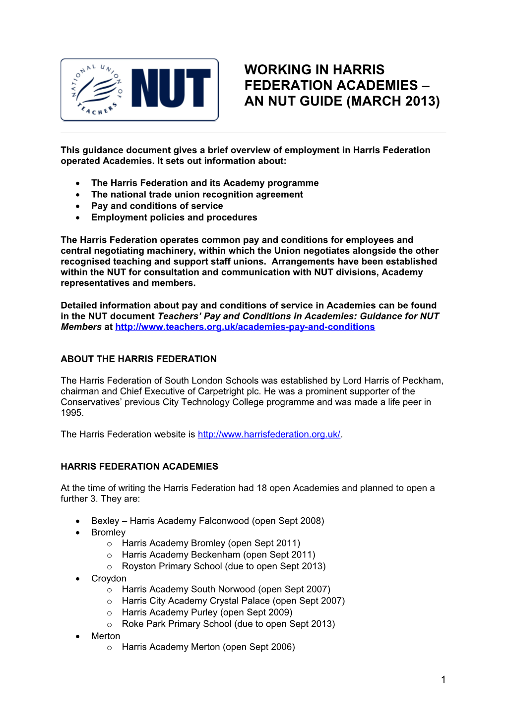 Working in Harris Federation Academies an Nut Guide (July 2011) s1