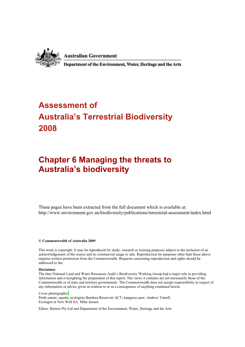 Chapter 6 Assessment of Australia's Terrestrial Biodiversity 2008