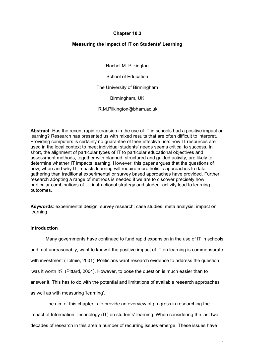 Measuring the Impact of IT on Students' Learning